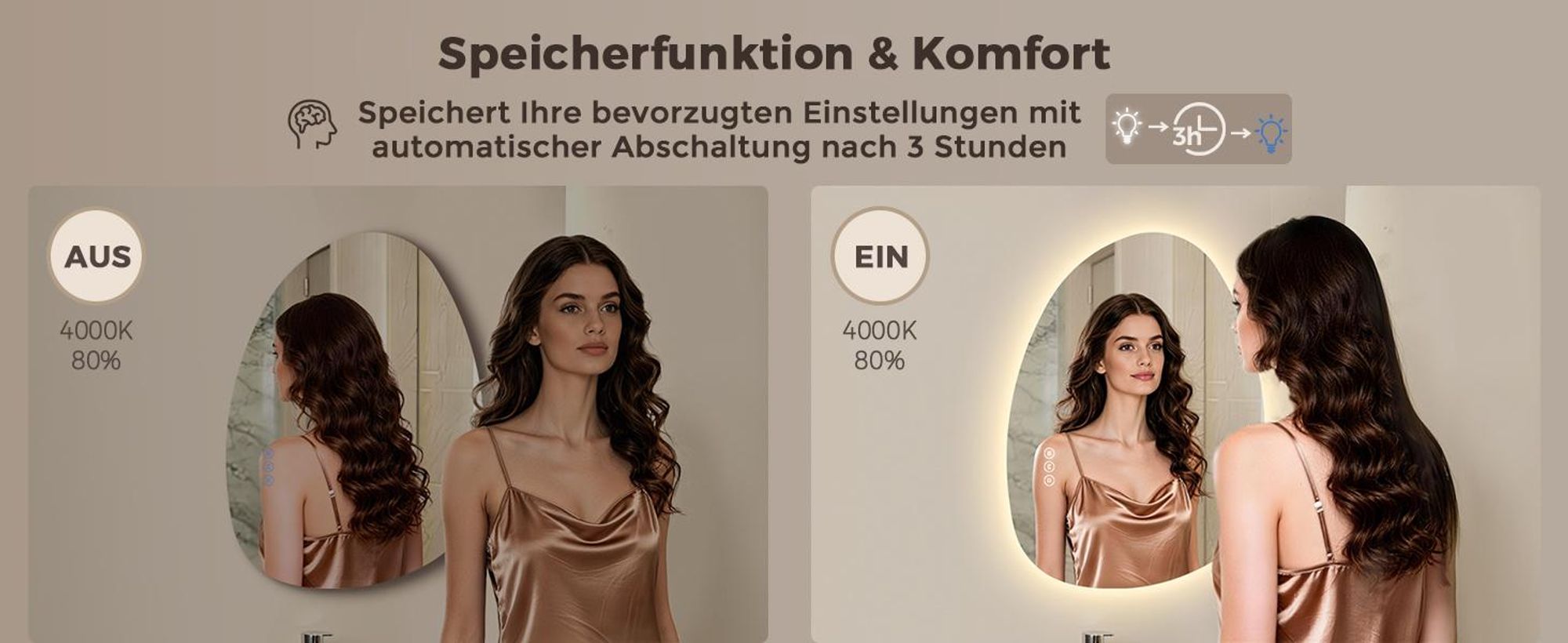 S'AFIELINA Badspiegel mit Beleuchtung 60×45cm LED Touch Schalter Wandspiegel 3 Lichtfarben und Dimmbar, Anti-Beschlag- und Memory-Funktion