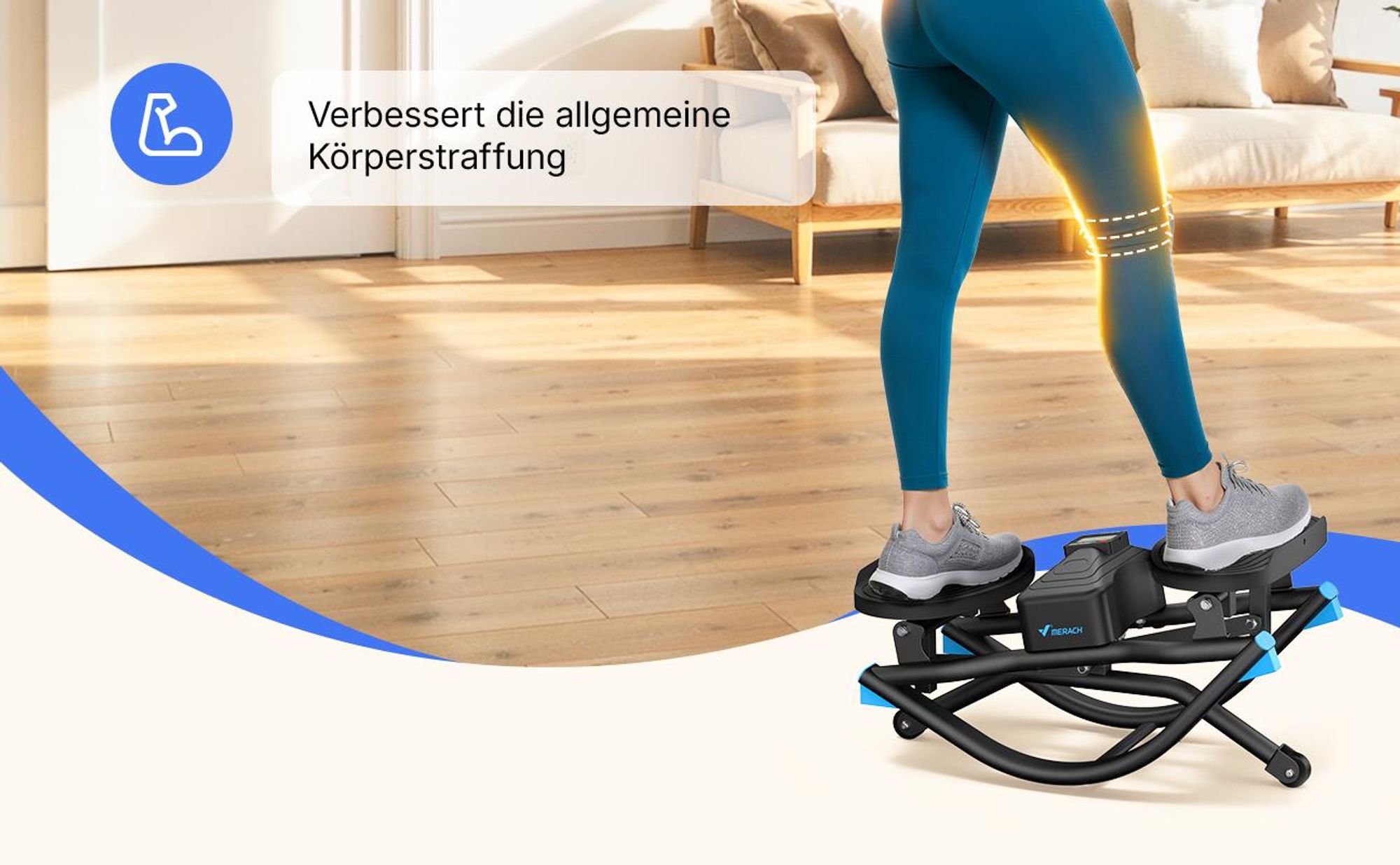 Stepper für Zuhause mit Power Ropes, 3D-Seitbewegung, LCD-Display, rutschfesten Pedalen, bis 150 kg, Merach, Schwarz-Blau