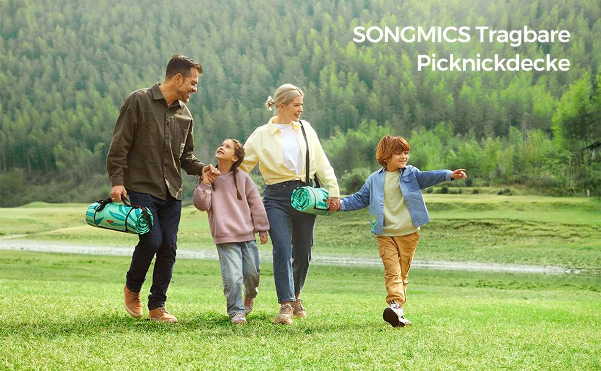 SONGMICS Picknickdecke, 200 x 200 cm, maschinenwaschbar, grün mit tropischem Farn