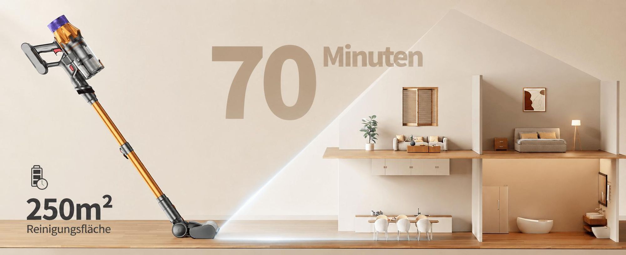 Akku Staubsauger, 65000Pa / 600W / 70Mins Staubsauger Kabellos mit Smart Display, Staubsauger mit Anti-Verhedderung-Bürste, drei Gänge, 1.8L