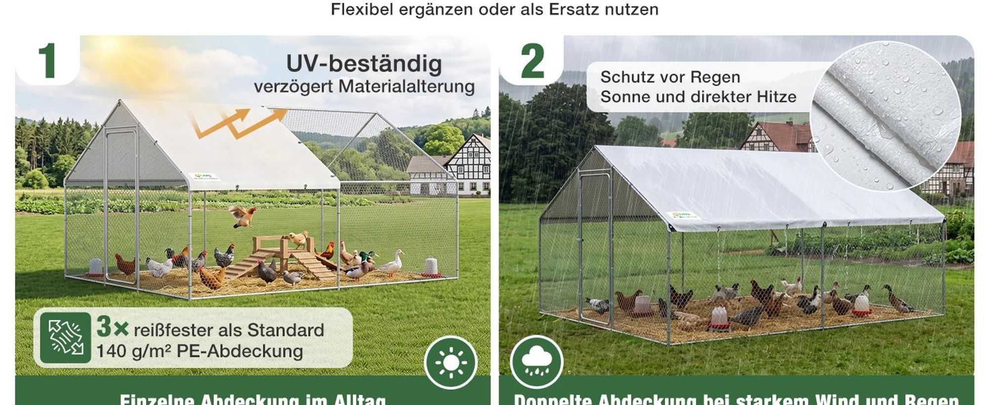 Sekey Hühnerstall Freilaufgehege XXL Stahl Voliere Hühnergehege 4x3x2m Kleintiergehege wetterfest für 18-24 Hühner Kleintiere Schloss Freigehege
