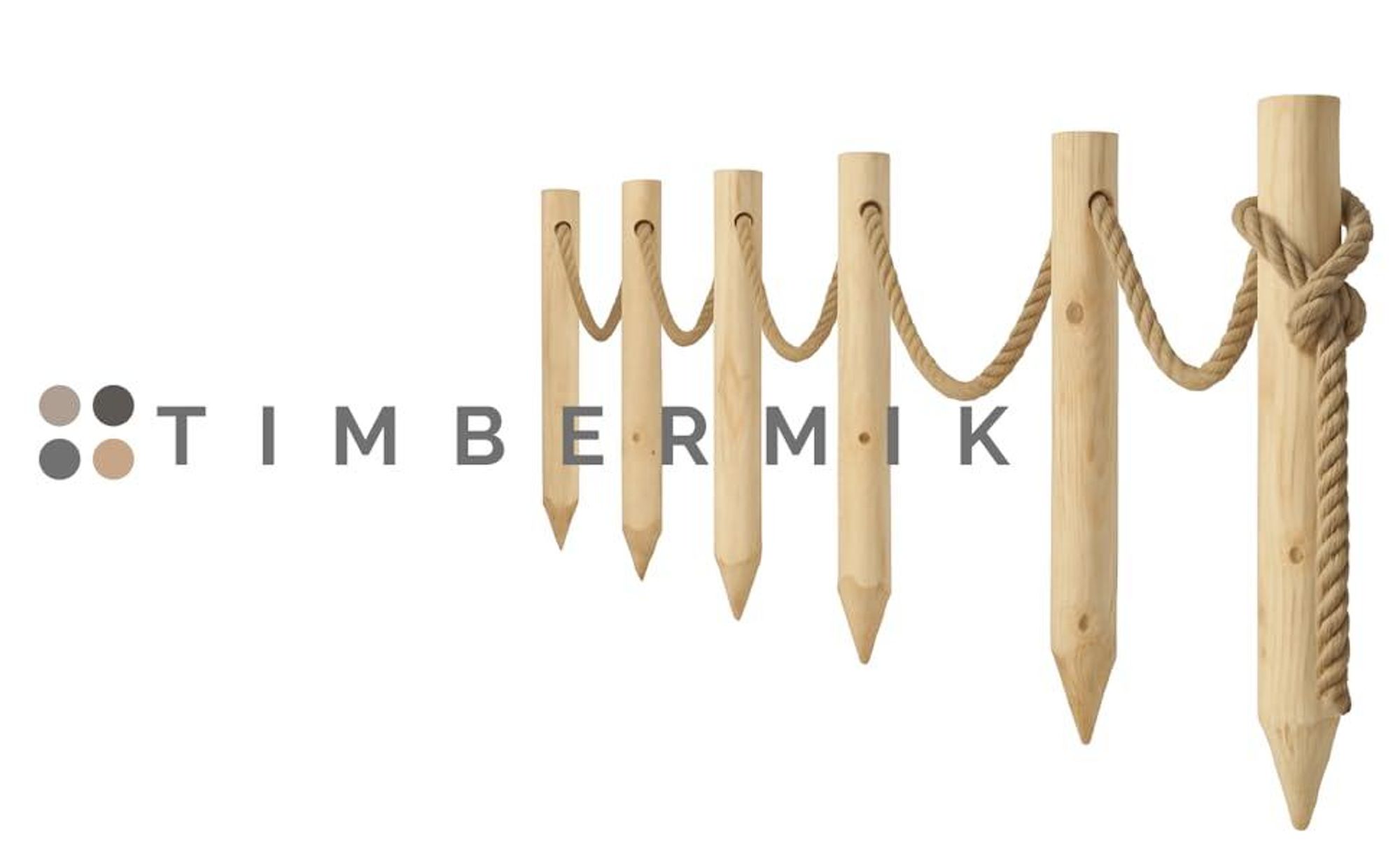 TIMBERMIK Holzzaun Set – 6 Holzpfosten Ø8x120 cm + 12 m Juteseil, Gartenzaun, natur, unbehandelt, Staketenzaun
