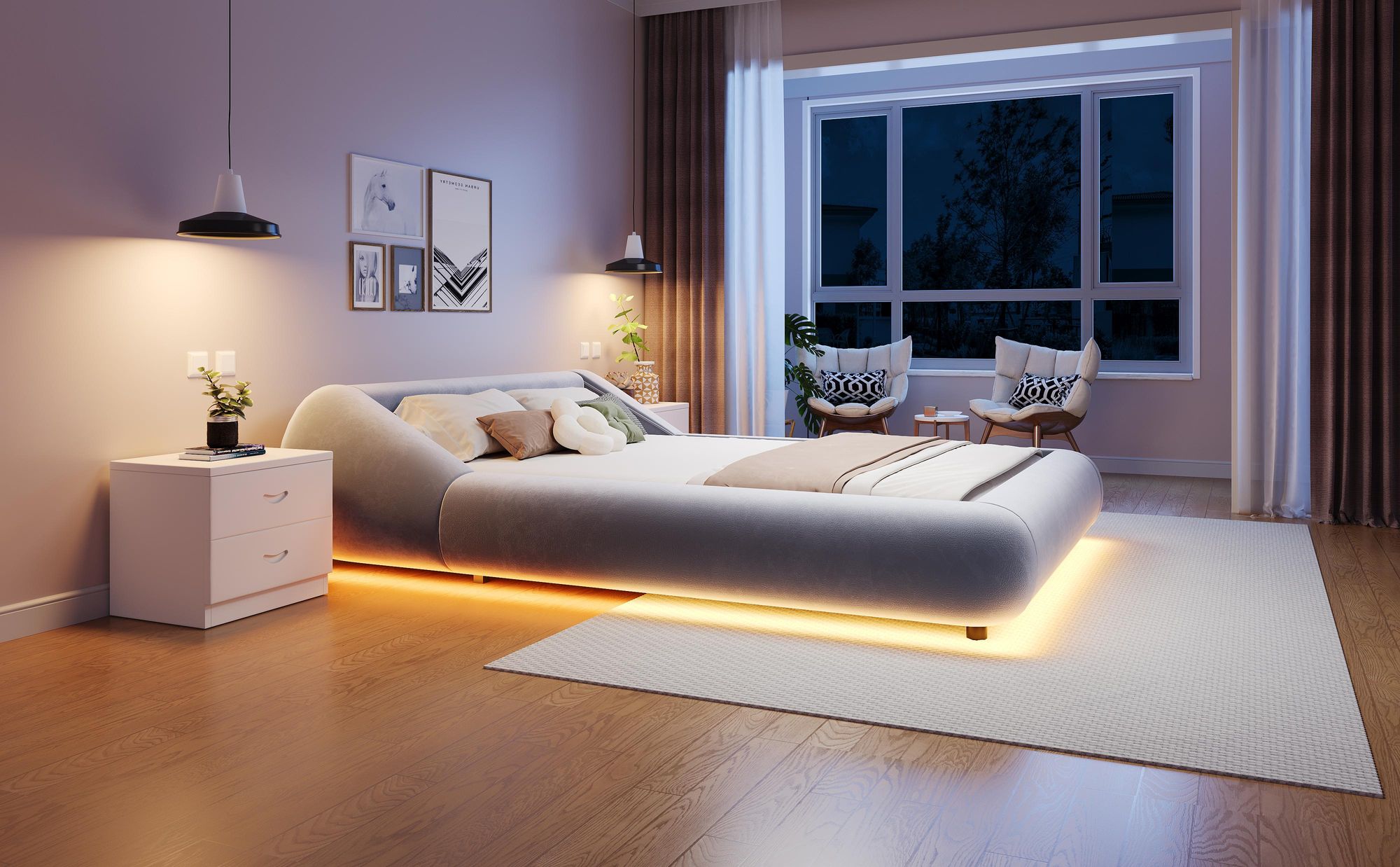 Flieks Polsterbett 140x200cm mit Lattenrost, Doppelbett mit Kopfteil, Schwebendes Bettgestell mit LED-Beleuchtung, Grau, Samtstoff+Sperrholz+MDF