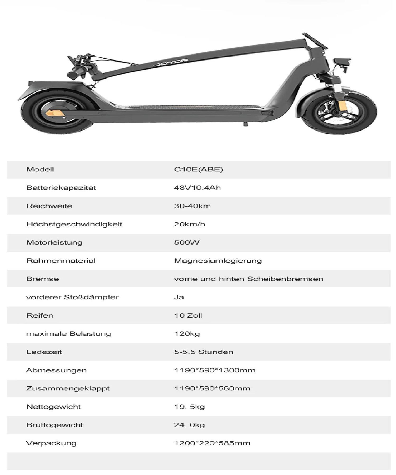 JOYOR C10E Elektroroller - 500W Motor 10.4AH Akku 10 Zoll Reifen ABE- Scheibenbremse - Schwarz