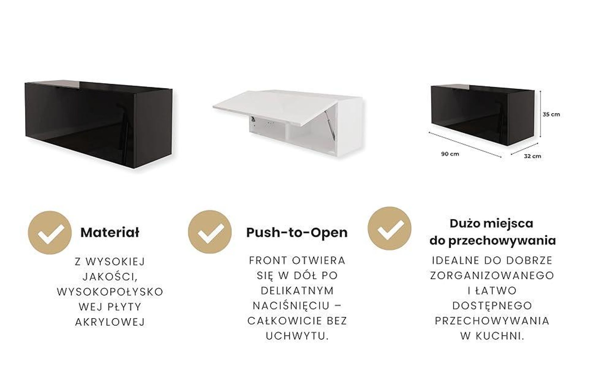Nowoczesna Wisząca Szafka Kuchenna Wysoki Połysk Biała 90x35x32 cm Przestronna Szafka Ścienna do Kuchni z 1 Drzwiami Funkcja Push to Open