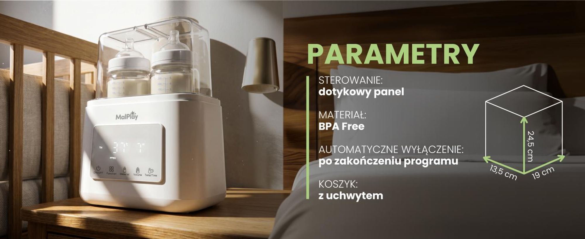 Podrzewacz na dwie butelki mleka ze sterylizatorem i rozmrażaniem, podtrzymująccy ciepło