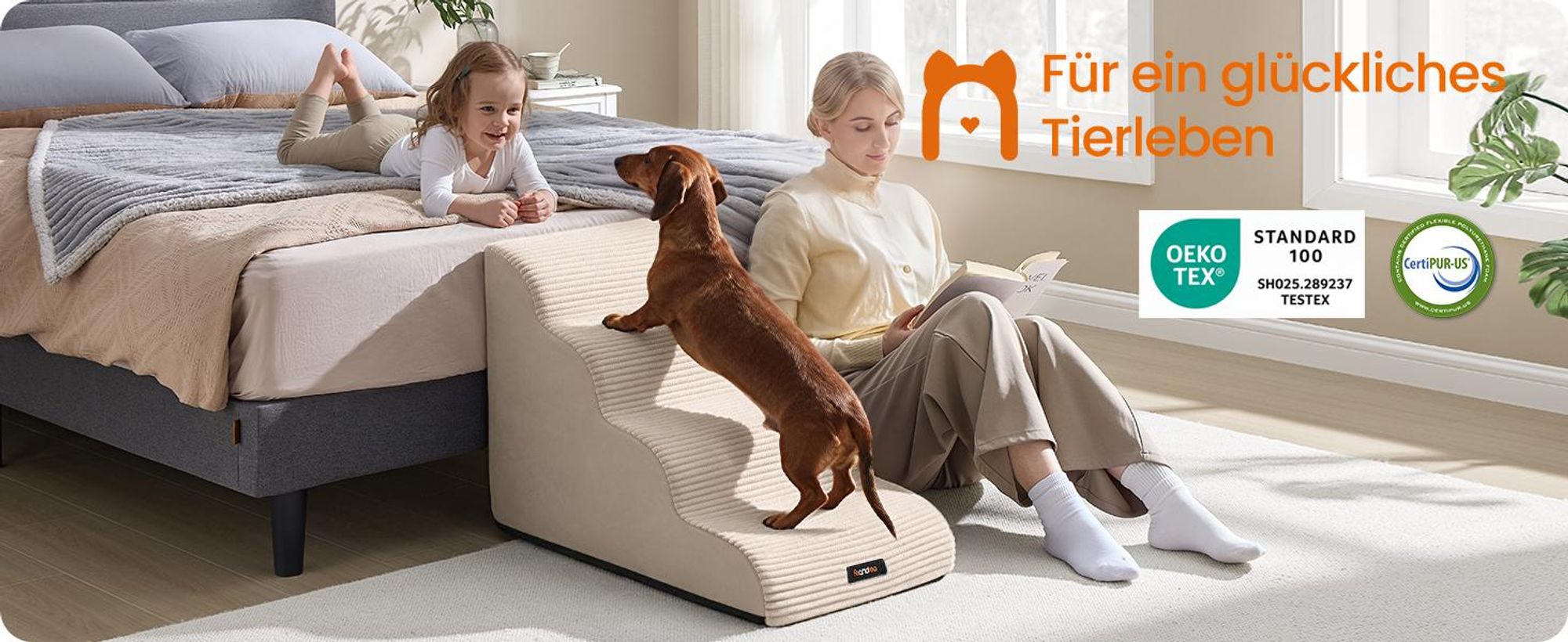 FEANDREA Hundetreppe für Kleine Hunde, Rutschfeste Hunderampe für Bett, Waschbar, 72 x 40 x 50 cm, Beige