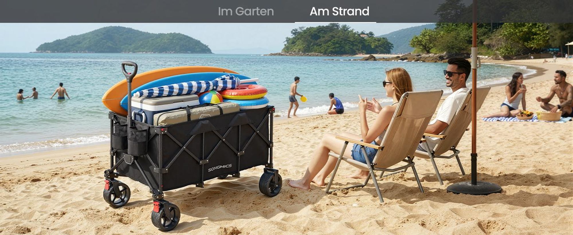 SONGMICS Faltbarer Handwagen mit Griff, Bollerwagen, 4 abnehmbare Rollen, 200 L, bis 150 kg, Outdoor, Garten, schwarz