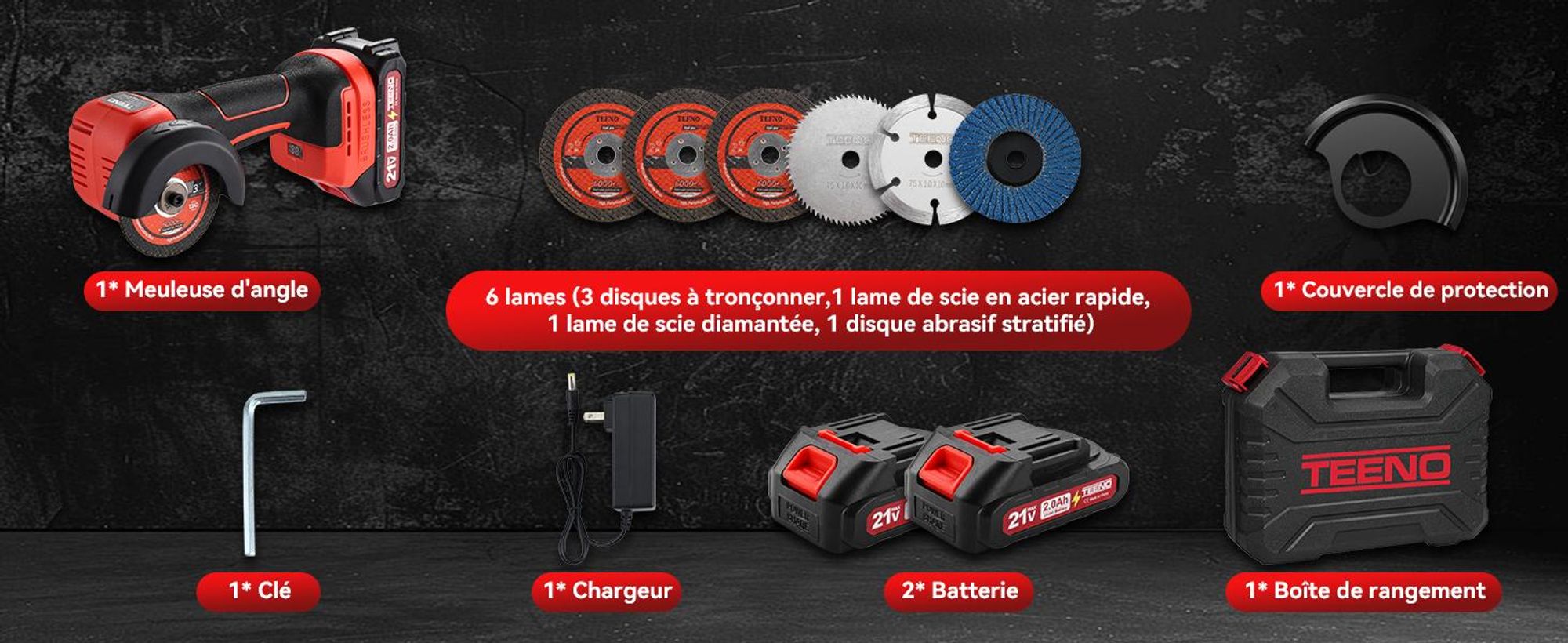 Meuleuse d'angle électrique filaire TEENO 21V à 19500 tr/min, livrée avec 2 batteries de 2000 mAh et 6 disques meuleuses, outil de coupe électrique