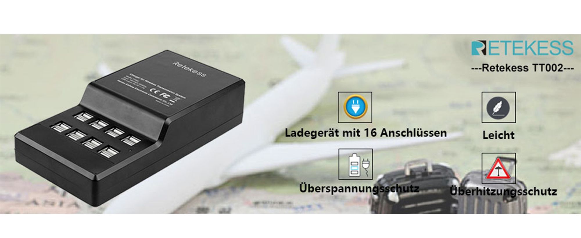 Retekess TT002 USB-Ladegerät mit 16 Anschlüssen für das Retekess Tour Guide-System Kompatibel mit Retekess T130-T131 TT103-TT104 TT101-TT102