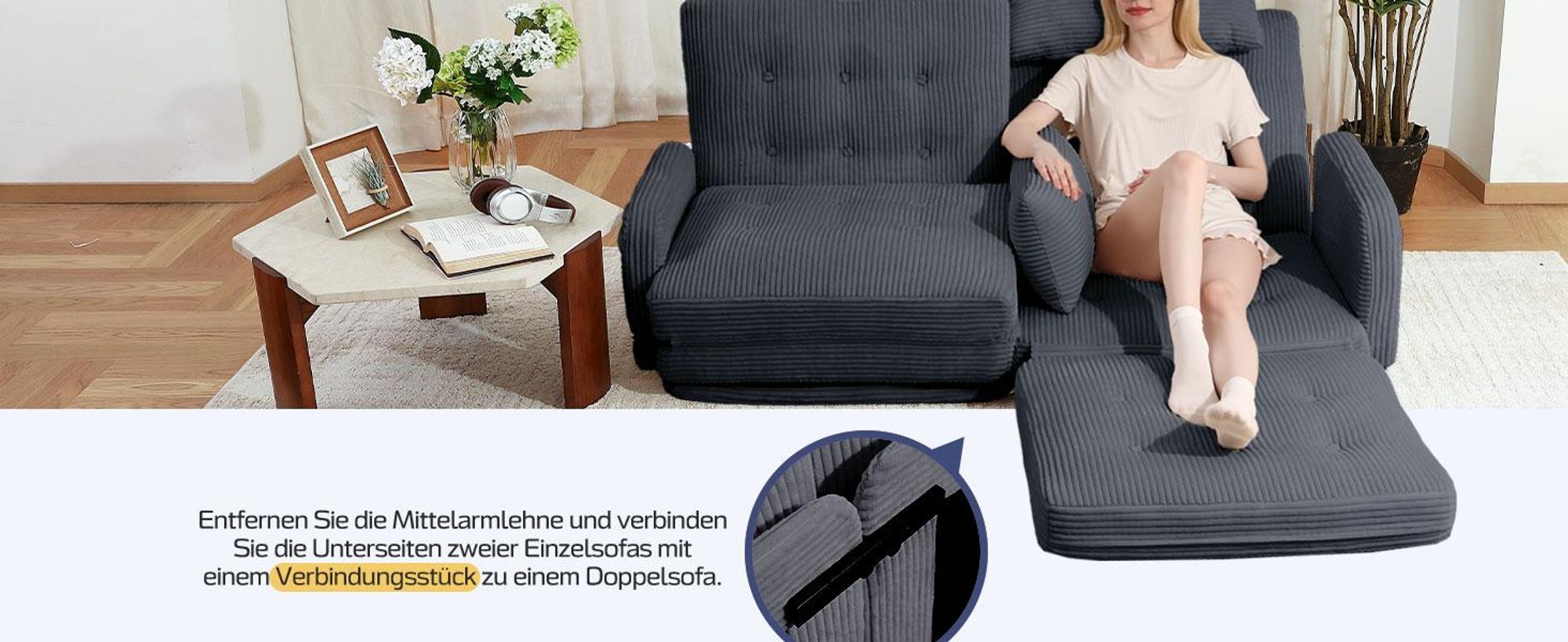 Bodenhohes Sofa,- mit Schlaffunktion, erhältlich in verschiedenen Farben, moderner Cordstoff, Dunkelgrau