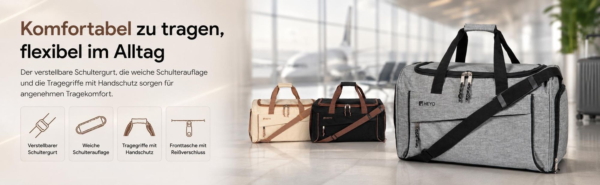 HEYO Sporttasche Unisex Reisetasche Schuhfach 36L 50x26x28cm Beige