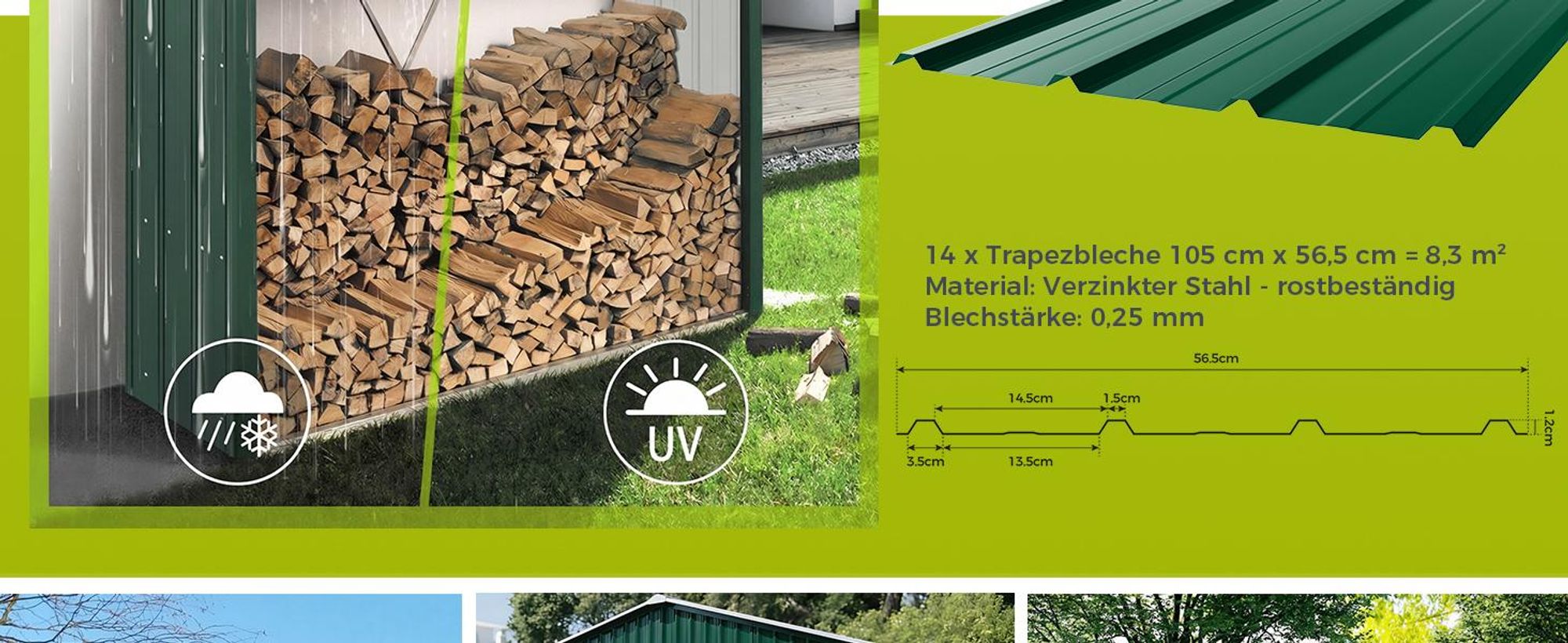 Mondeer Wellplatte Dachplatten 14-tlg Trapezblech-Set, 8,3 m² Abdeckfläche inkl. 100 Schrauben & Montagehandschuh, Feuerverzinkt 105 x 57 cm Grün