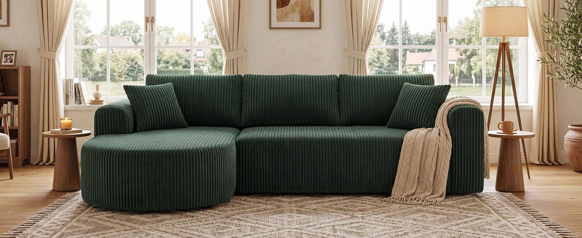 Canapé d'angle avec fonction convertible, canapé modulaire en velours sans structure visible, canapé avec chaise longue, canapé d'angle convertible, canapés modulaires avec coussins et poches latérales, 243 cm