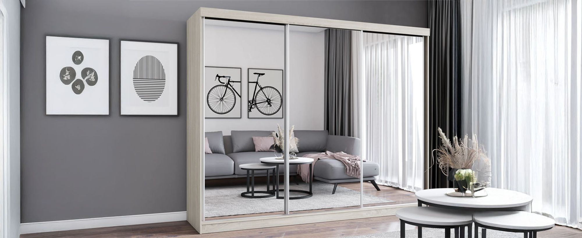 MILAN Schwebetürenschrank Kleiderschrank 250cm Sonoma/Sonoma mit Spiegeln und Schubladen
