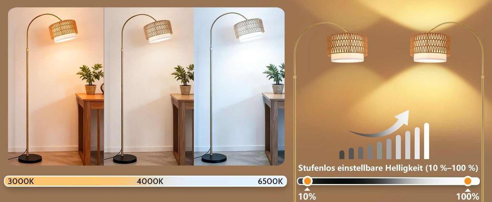 ZMH Lámpara de pie arco estilo boho ratán dorado regulable con mando a distancia E27 350° giratoria lámpara lectura salón dormitorio oficina estudio