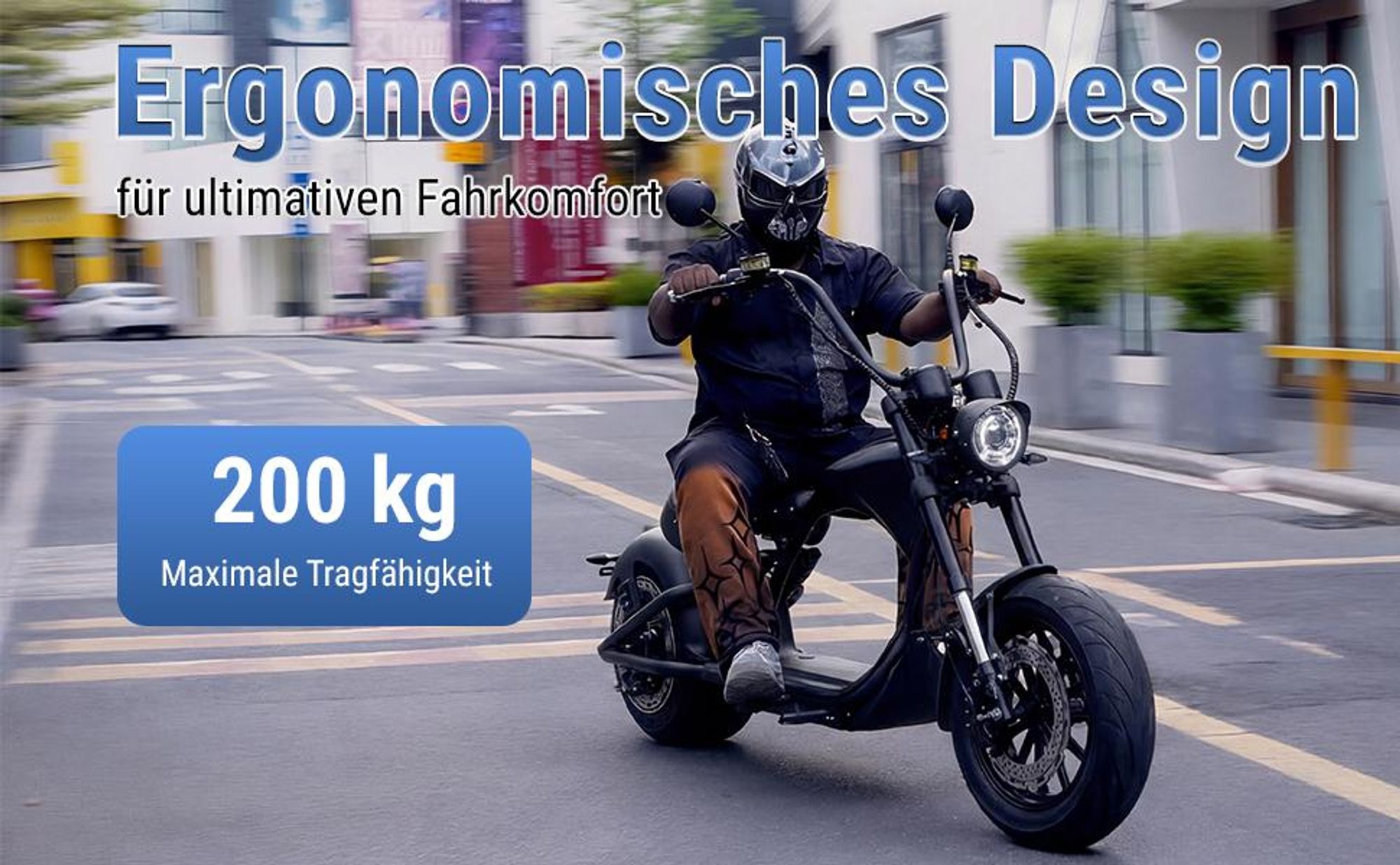 M1P E-Chopper Elektro-Kleinkraftrad 45 km/h, 2000W, 60V 30Ah Lithium-Akku, 80 km Reichweite, Hydraulikbremsen, Federung, abnehmbarer Akku, 200 kg