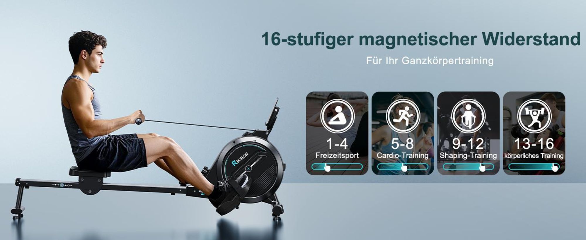 Riksion Rudergerät für Zuhause mit Magnet-Fitnesstrainer, APP & LCD, Rudergerät 16 Stufen Widerstand, Indoor-Gerät für das Home-Gym, 160 kg Kapazität