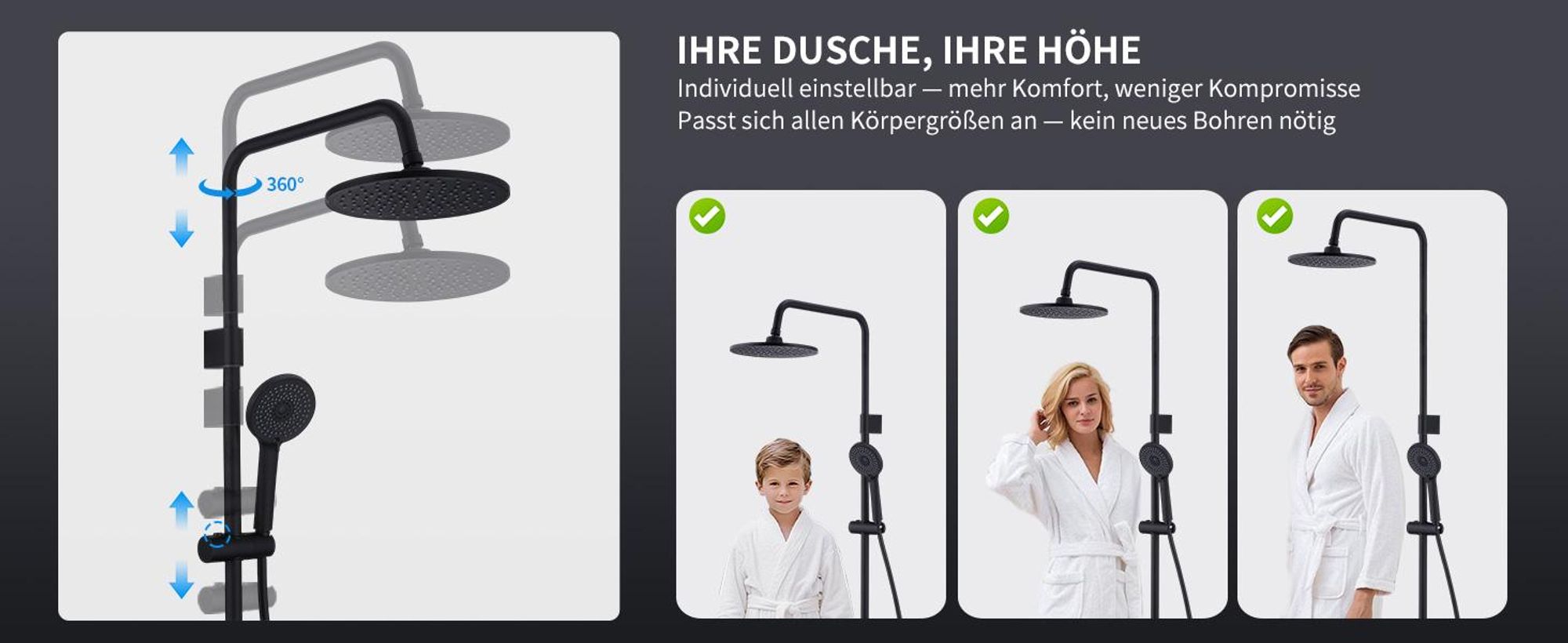 Homelody Duschsystem,Regendusche Duschset mit Armatur,Überkopfbrause Handbrause Duschsäule mit Umsteller,Edelstahl,Vier Wassersprühfunktionen Schwarz