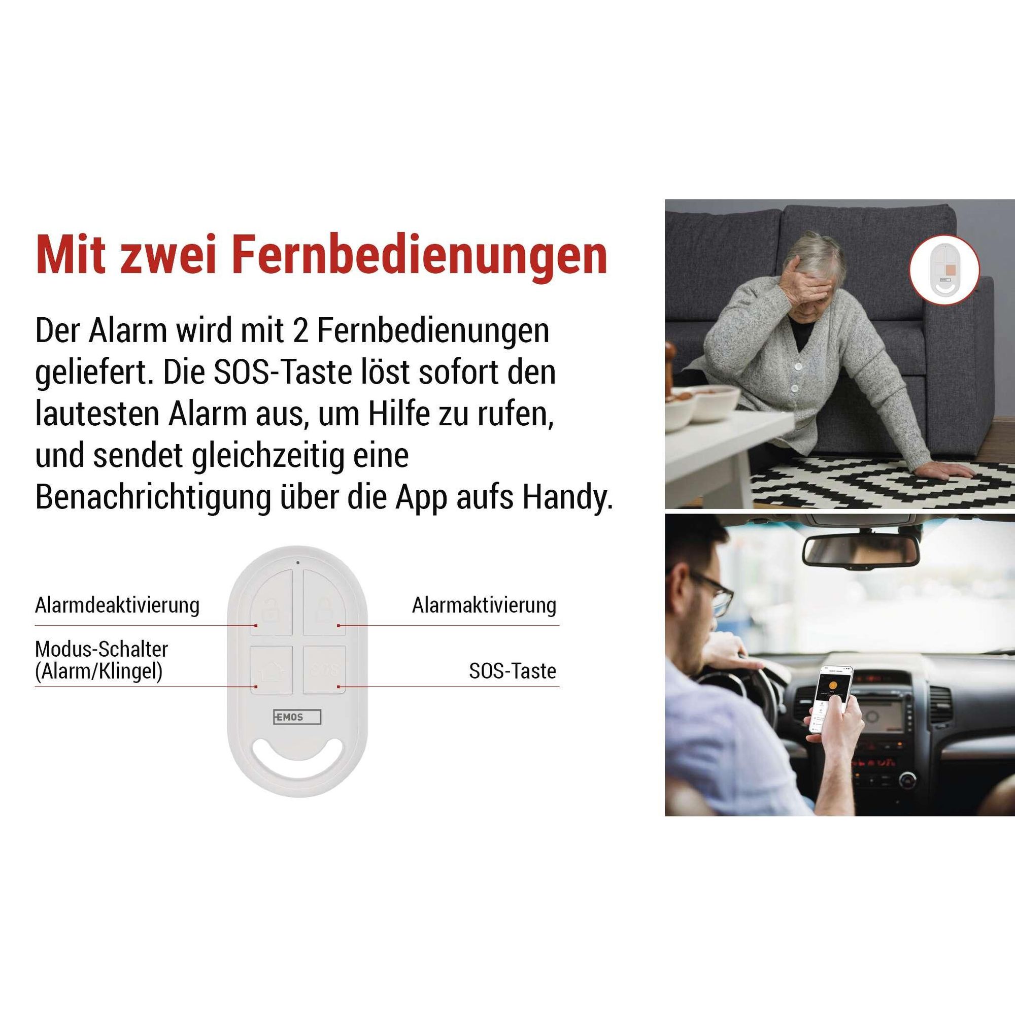 EMOS GoSmart PIR Bewegungsmelder-Alarm mit 125 dB Sirene und App, Dual-Betrieb, 2x Fernbedienung und 6x Türsensor, Tuya, 2,4 GHz WiFI, weiß, H5030