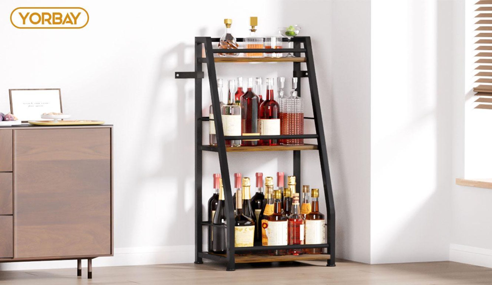 Yorbay Weinregal Stehend, Weinständer aus Holz &Metal 40x30x80cm Gewürzregal für Küche, Wohnzimmer, Kaffee - Bar