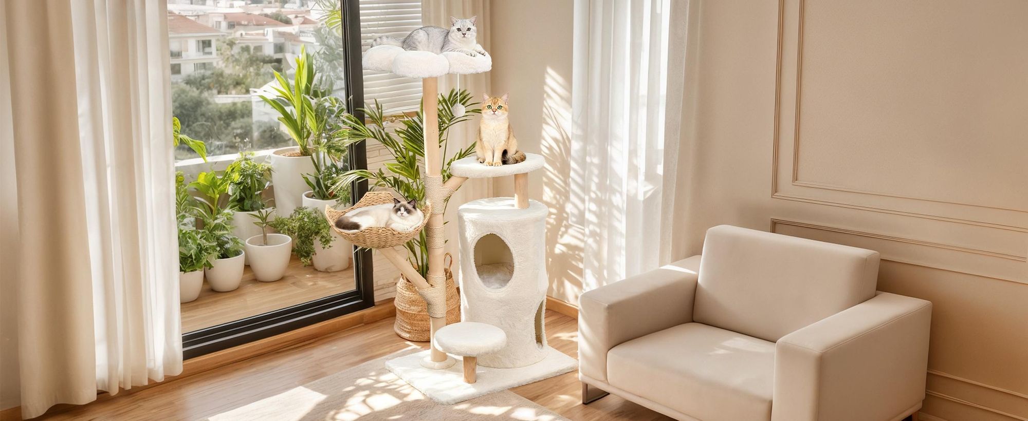 WISFOR Katzenkratzbaum 136cm hoch, mehrstufig Katzenbaum mit Korb Spielball beige