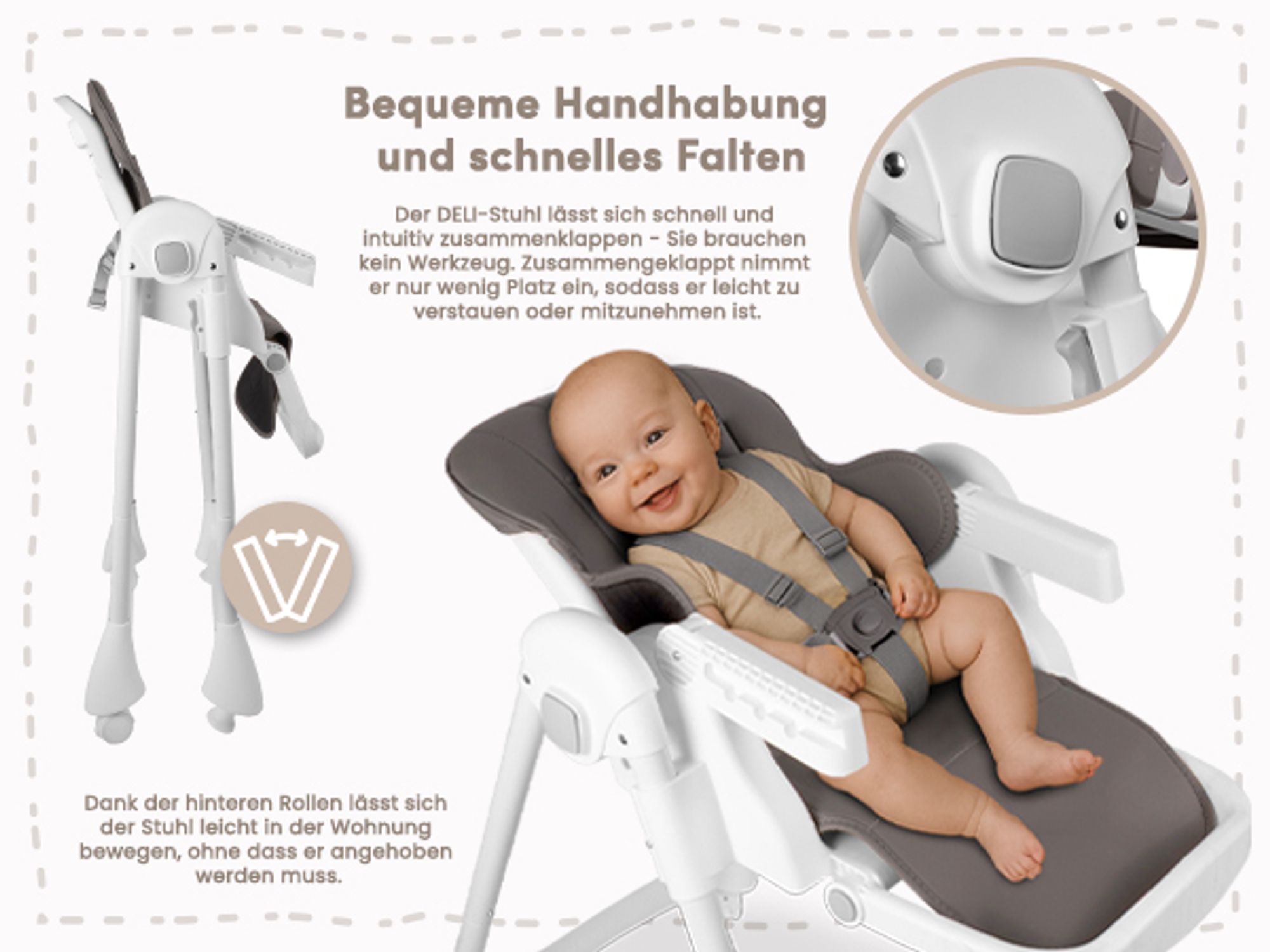 Malplay Kinderhochstuhl klappbarer Babystuhl mit verstellbares Tablett Räder DELI Ökoleder Kinder