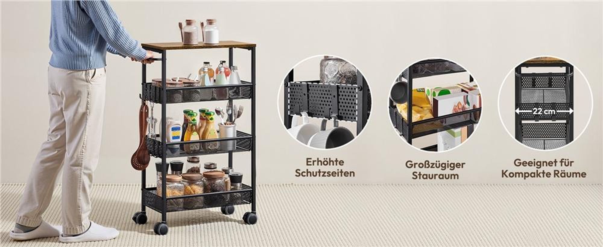 Yaheetech Rollwagen Küchenwagen, Nischenregal auf Rollen, 22 cm schmal, mit 4 Ebenen, Servierwagen, für kleine Küchen & Räume, Schwarz