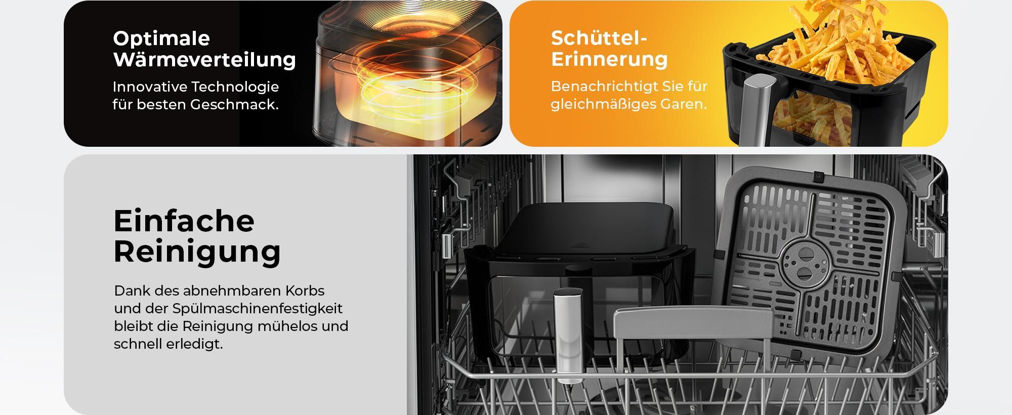 Balter Heißluftfritteuse XXL 6,5L mit Sichtfenster, 1700W, Airfryer, ohne Öl, 12 Programme, Touch-Bedienung, 100 Rezepte, Edelstahl, Schwarz