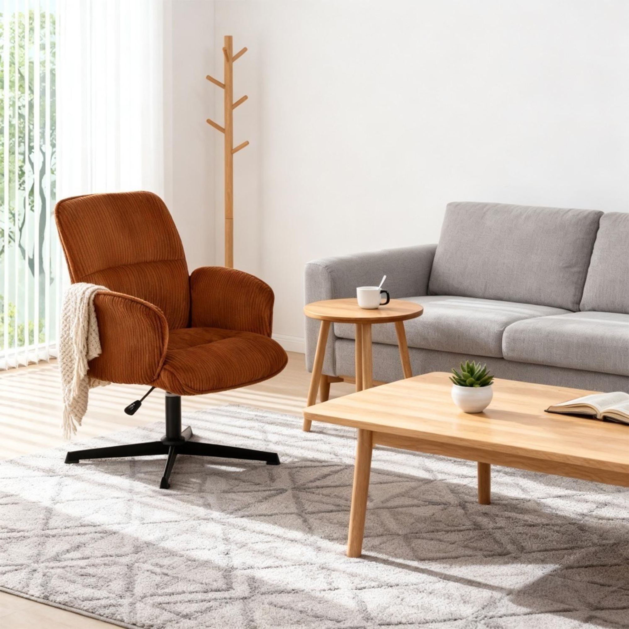 Meubles Cosy Ergonomischer verstellbarer Drehstuhl mit Armlehnen aus rotem Cord – THOMASINA