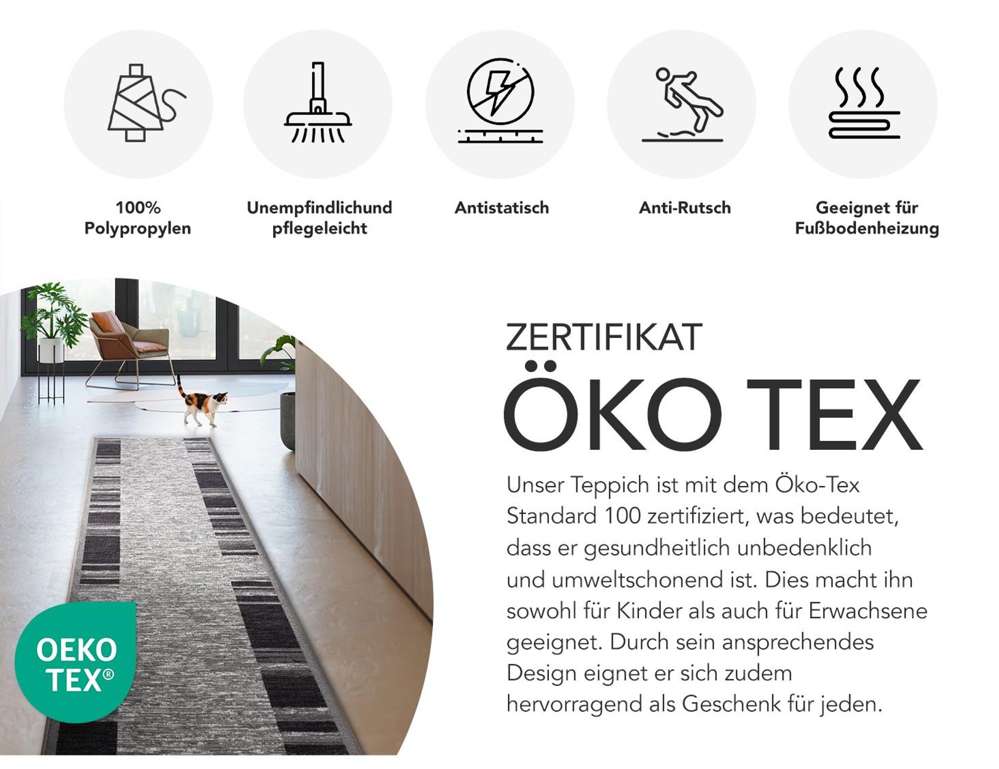Floordirekt Teppich Läufer Navona, Feinschlingen Teppichläufer mit rutschfestem Gelrücken, für Flur, Küche & Wohnraum, robust - Grau, 80x100 cm