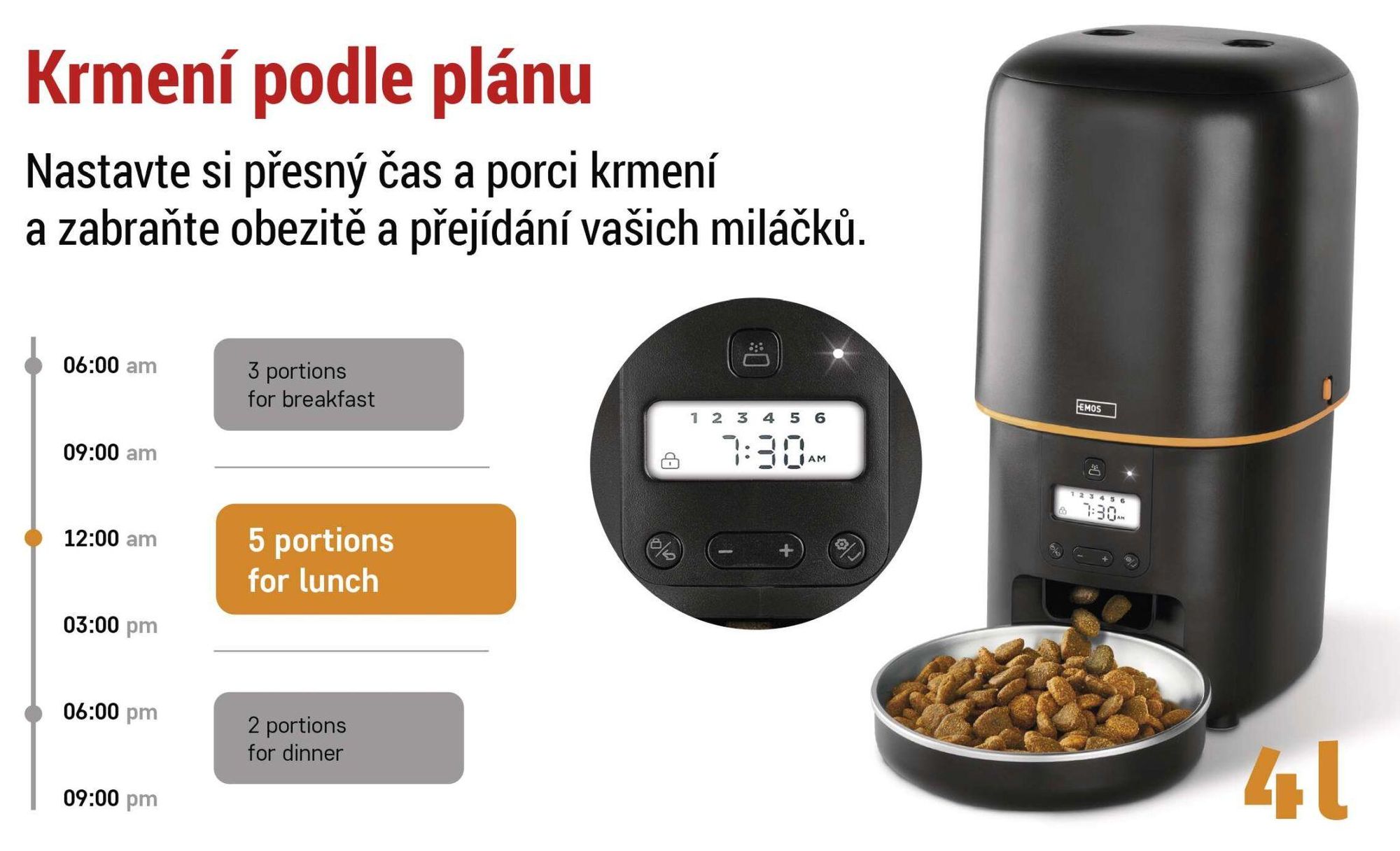 Automatické krmítko EMOS 4l, dávkovač krmiva pro psy a kočky s programovatelným časovačem, s dávkováním 1-6 jídel denně, černá barva