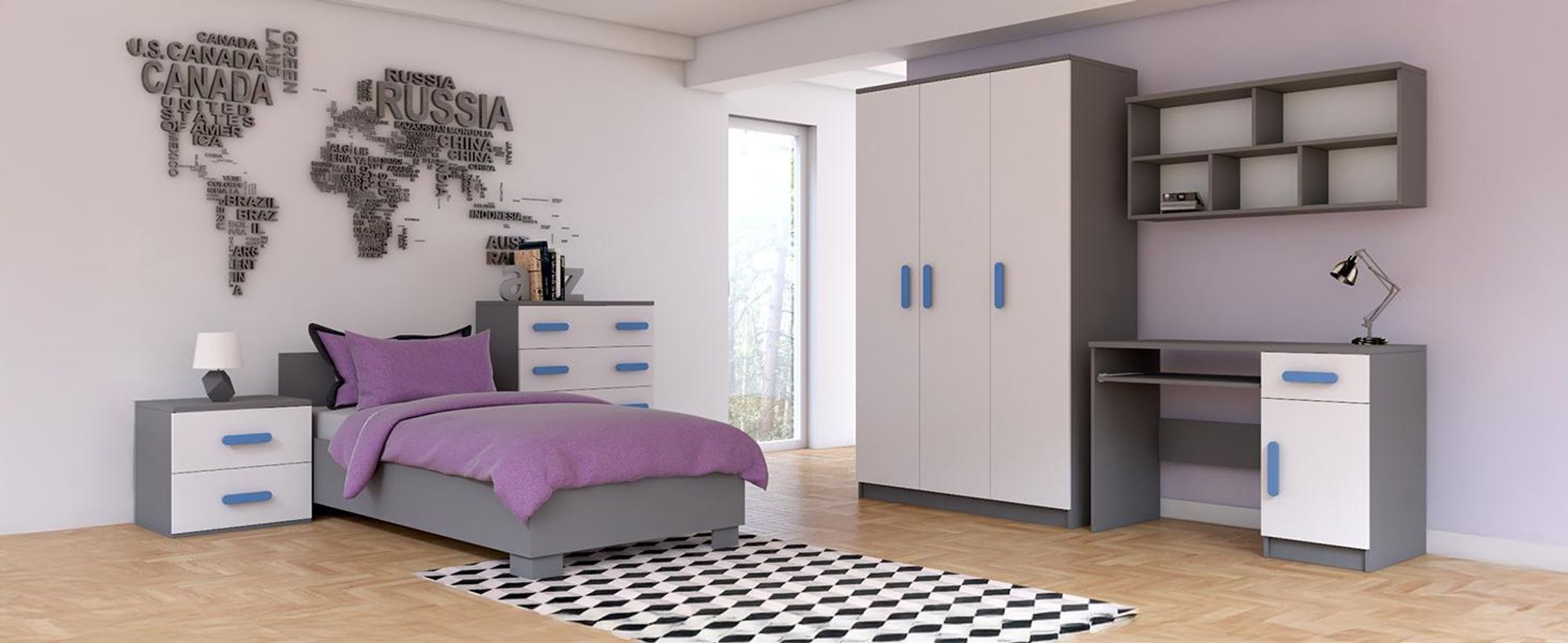 Kinder-Kleiderschrank Drehtürenschrank 120 cm JONAS 19 Grau/Weiß mit Blauen Griffen