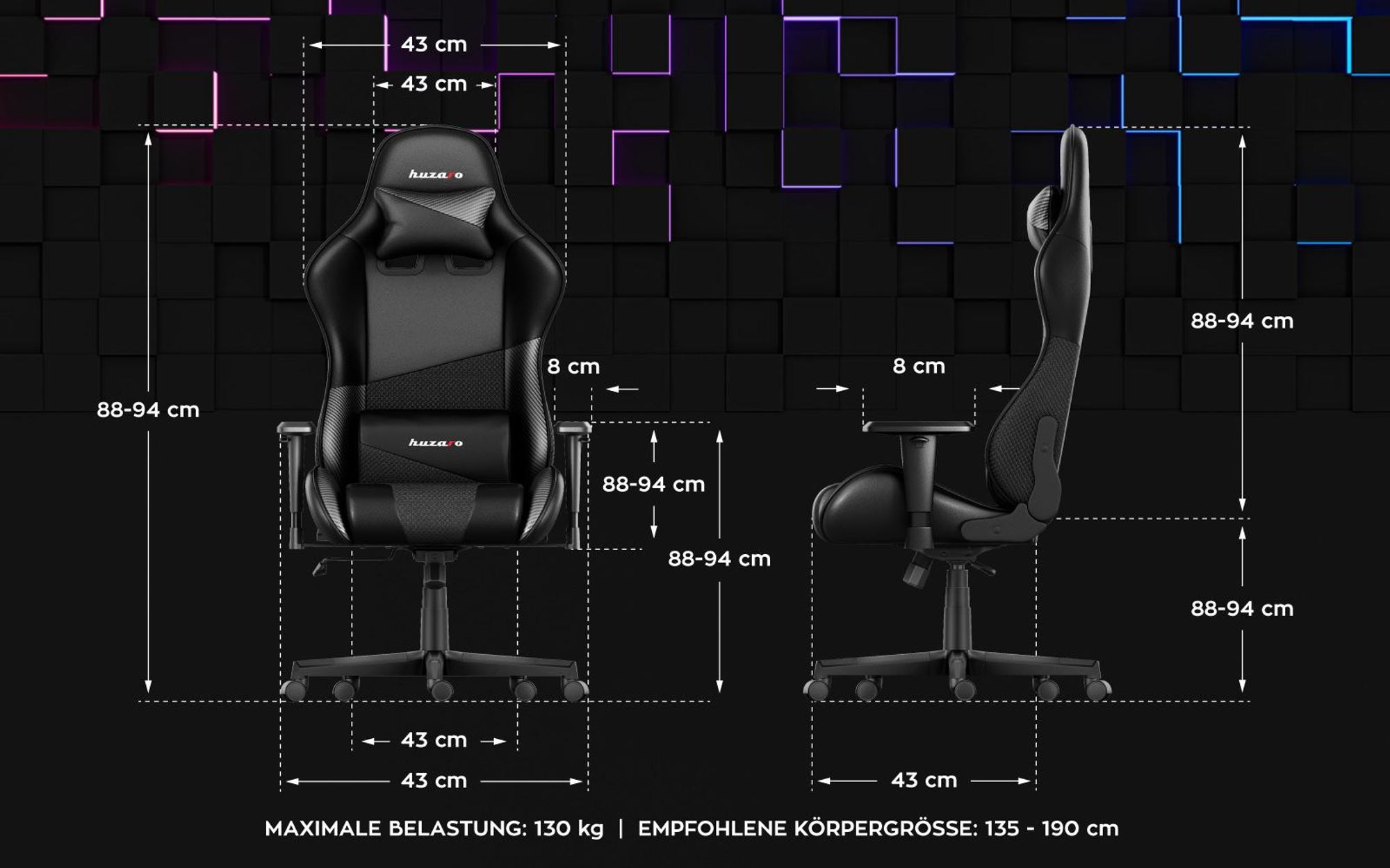 Huzaro Force 6.2 | Gaming Stuhl Bürostuhl Schreibtischstuhl Gamer Stoff | bis 130 kg belastbar | Höhenverstellbar Kopfstütze Lendenstütze | Schwarz