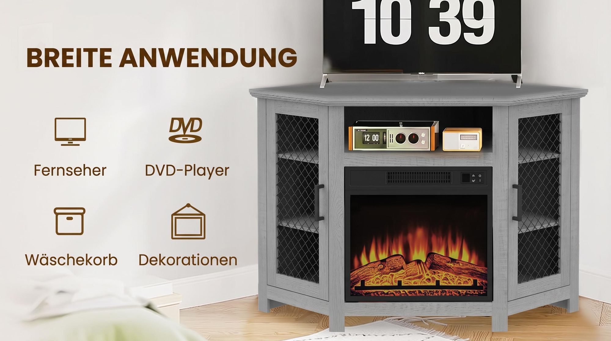 Parrot Uncle TV-Schrank für Fernseher bis 55 Zoll, MDF, Grau , mit 18" Elektrokamin, eignet sich für Eckaufstellung, 114x 56x 76 cm, 45 kg Tragkraft