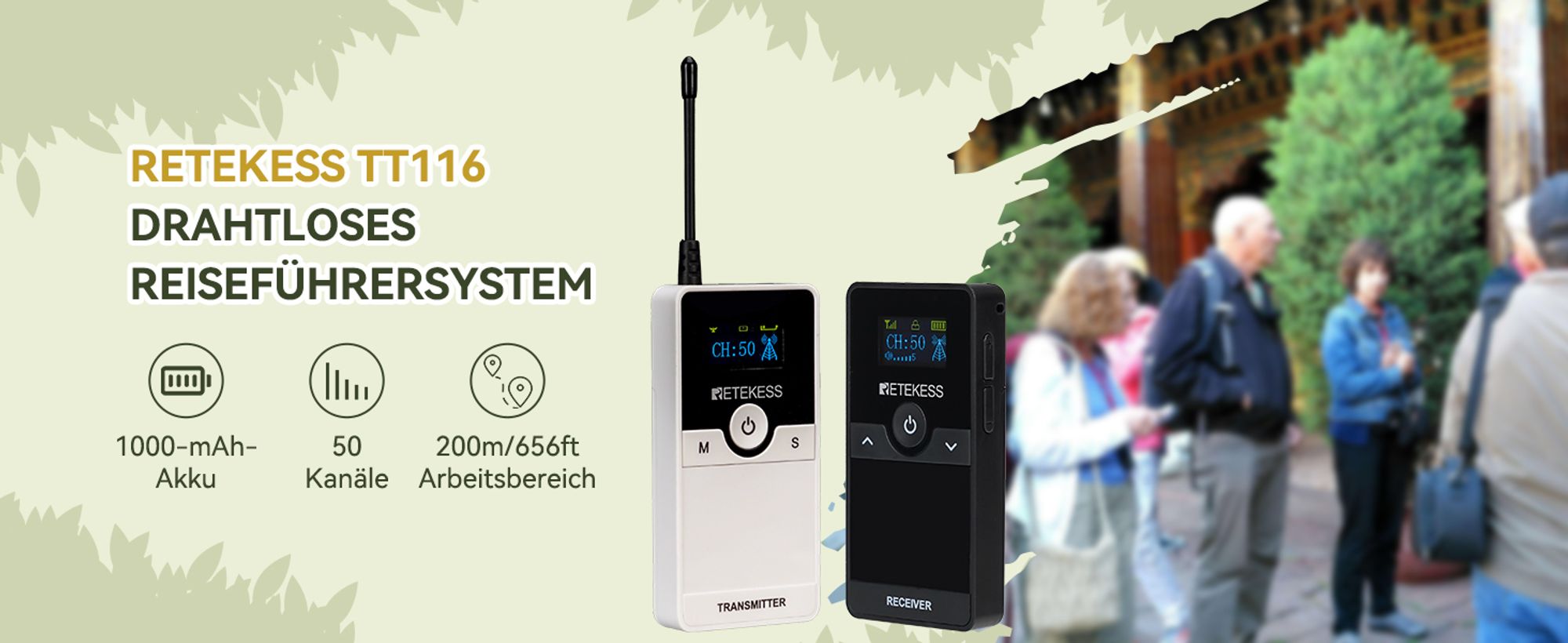 Retekess TT116 Tour Guide System, Drahtloses Reiseleitersystem, 200m, Erklärungssystem, D-Kopfhörer, mit 30 Loch Ladebox, für Tourismus, Fabrikführung