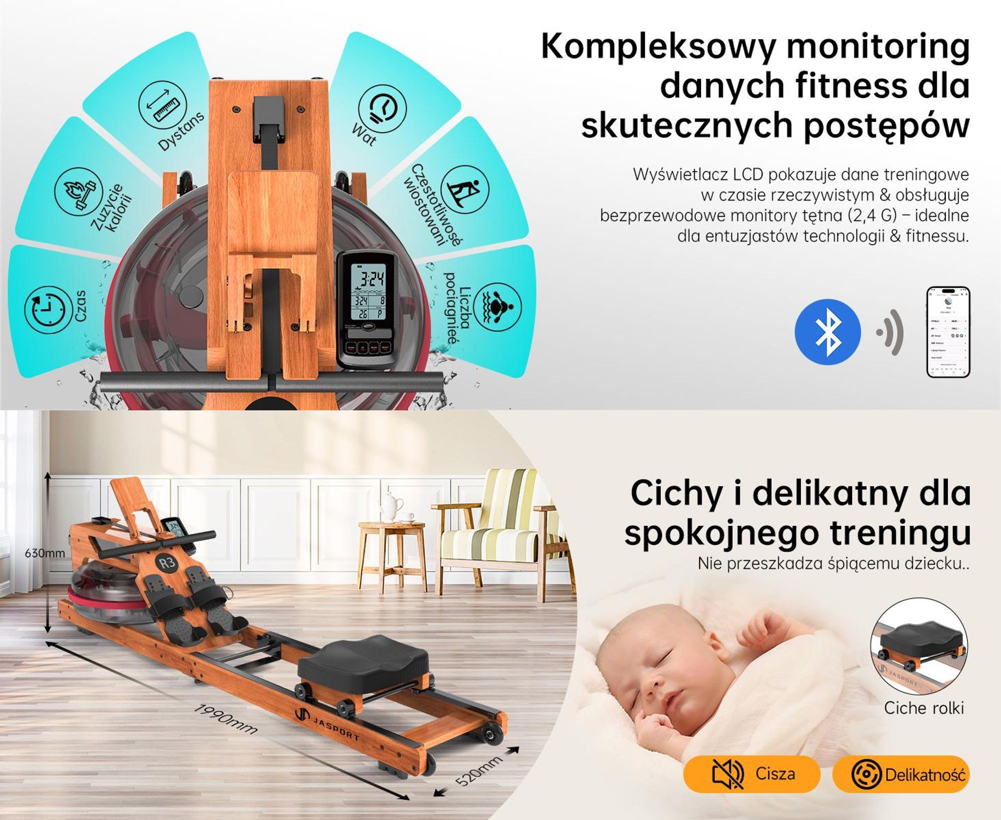 JASPORT R3 składany wioślarz z Bluetooth LCD, kompatybilny z Kinomap, zbiornik 28 L, obciążenie do 150 kg, kolor wiśniowy