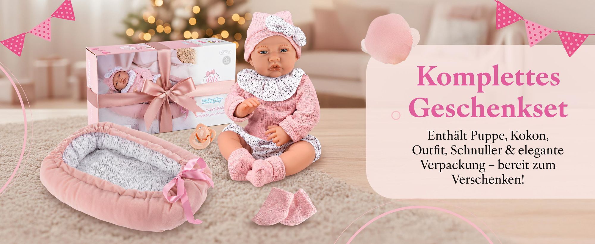 Kinderplay Babypuppe Lili 41 cm – sprechende Puppe mit Softkörper, wendbarem 43‑cm‑Kokon, Outfit & Schnuller (KP3513)