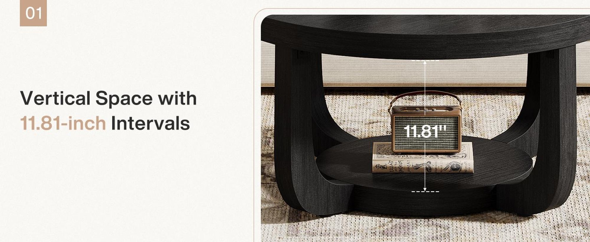 Tribesigns runder Couchtisch, 2-stöckiger runder Couchtisch mit Stauraum, Beistelltisch Holz Wohnzimmer, dicke Tischplatte Gestell, Schwarz
