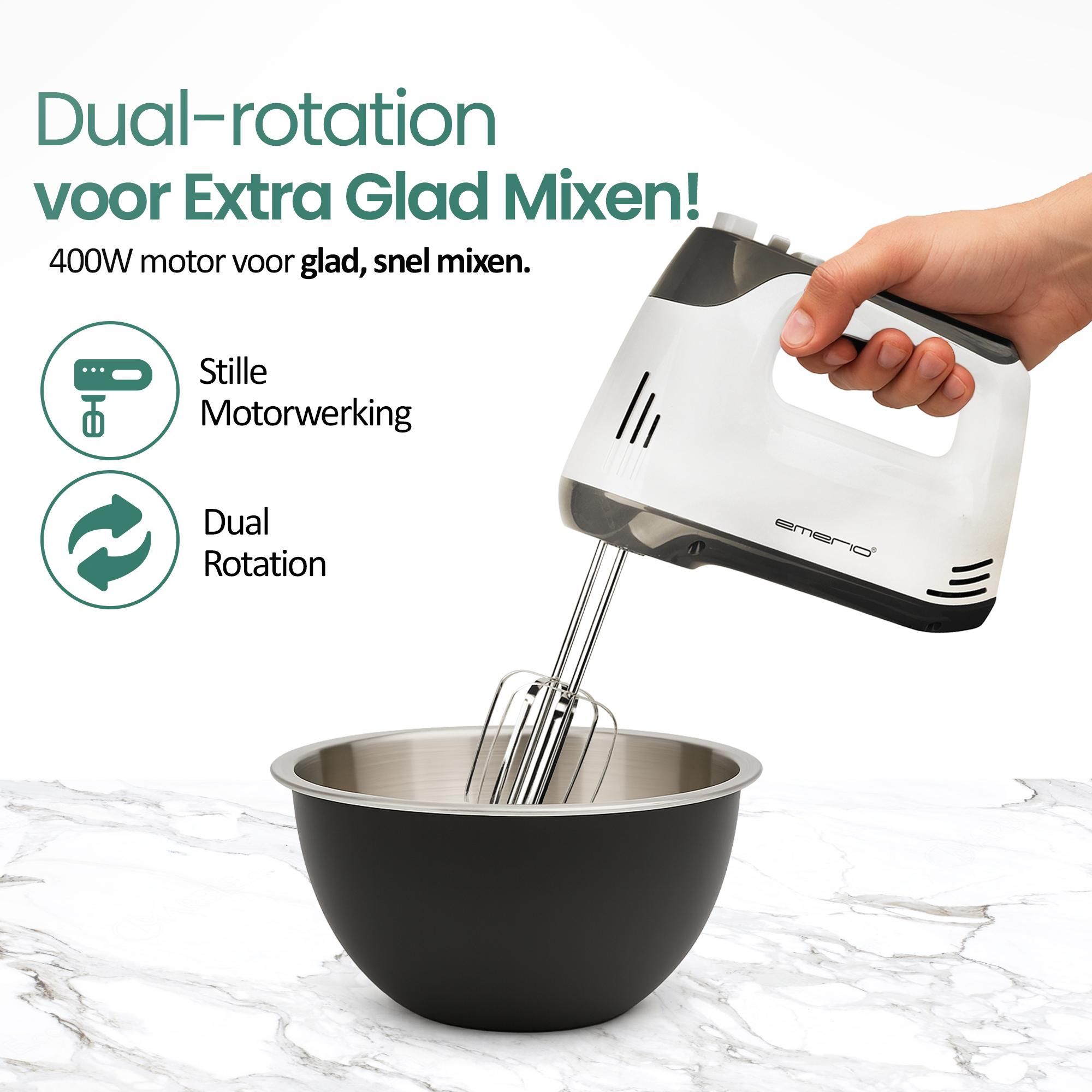 Emerio Handmixer HM-130365 – 400 W – 5 Snelheden – Turbofunctie – RVS Gardes & Kneedhaken – Wit / Grijs