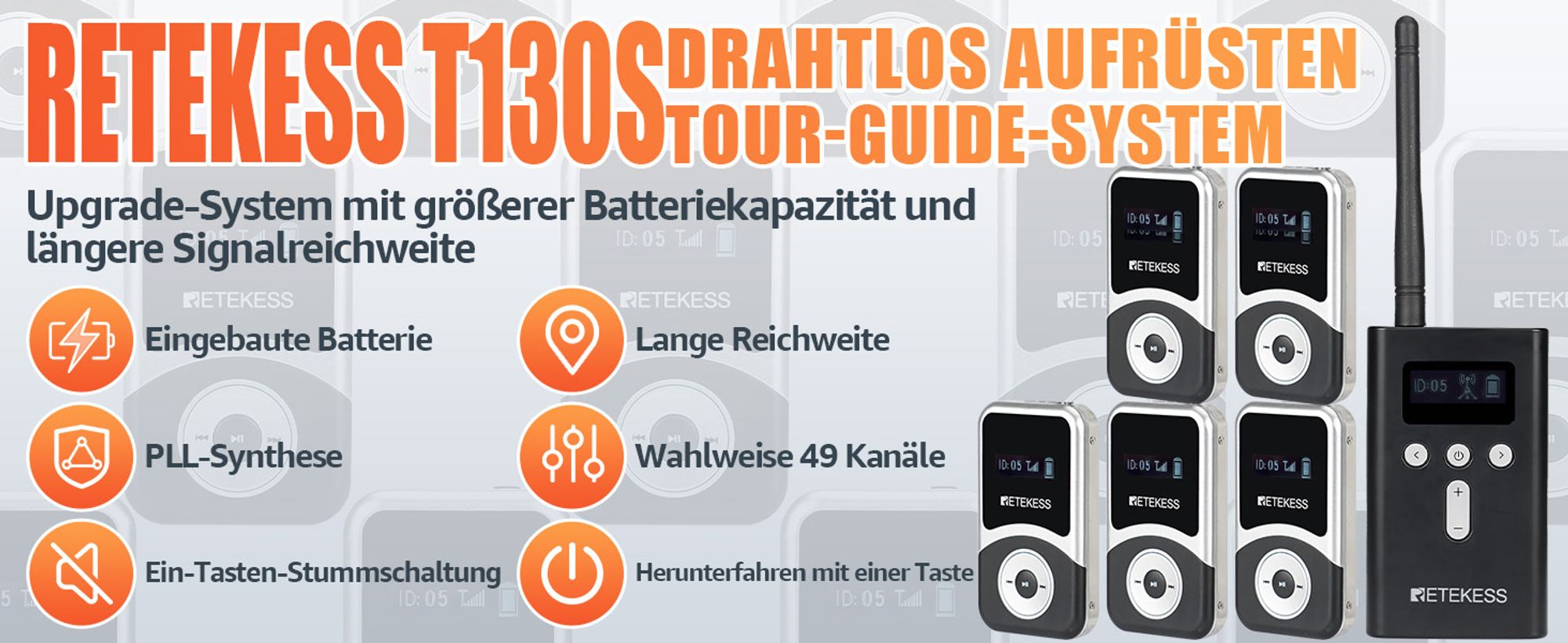 Retekess T130S Tour Guide System, Audio Guide mit 49 Kanälen, 100 m Sprachdolmetschsystem für Tourismus, Fabrik, Konferenz, Kirche, Hochschule