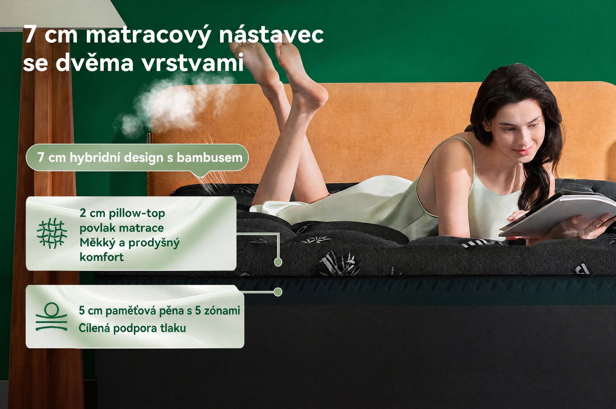 NicePlus, vrchní matrace 2 v 1, rozměry 140x200X7cm, pěna s paměťovou vlastností (5 zón) + vrchní vrstva z bambusu, s gumovými pásky pro upevnění na všechny typy matrací, tvrdost H2/H3, barva černá