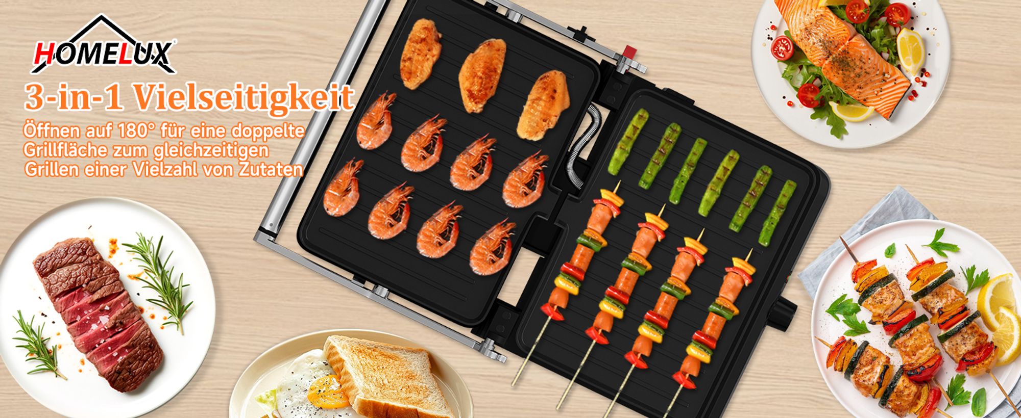 HOMELUX Kontaktgrill Tischgrill 2200W, Sandwichmaker, Panini Grill Multifunktion mit Auffangschale Antihaftbeschichtung Platten 34x23cm, Schwarz