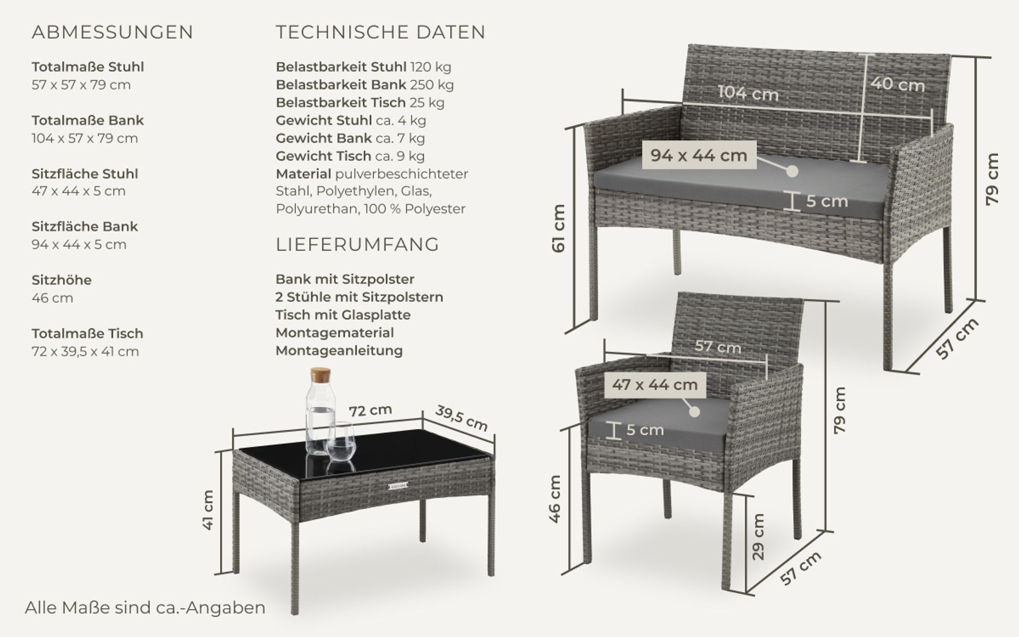 tectake® Rattan Gartenset Palese für 4 Personen