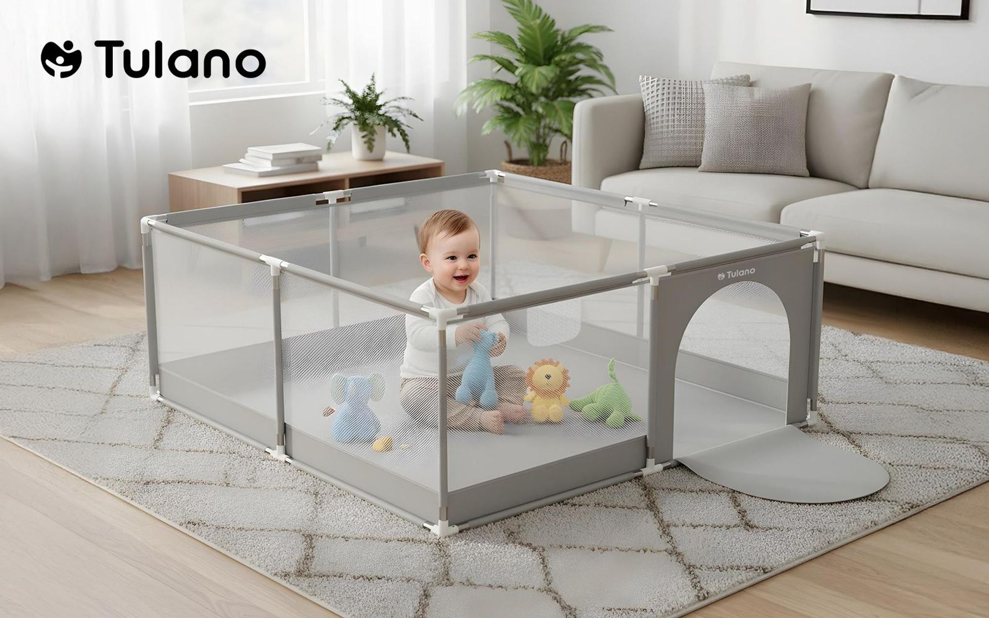 TULANO Cozy 25 | Laufgitter für Baby Kleinkinder Krabbelgitter Laufstall | Indoor Outdoor | Reißverschluss | Atmungsaktivem Netz | 150x180cm | Grau