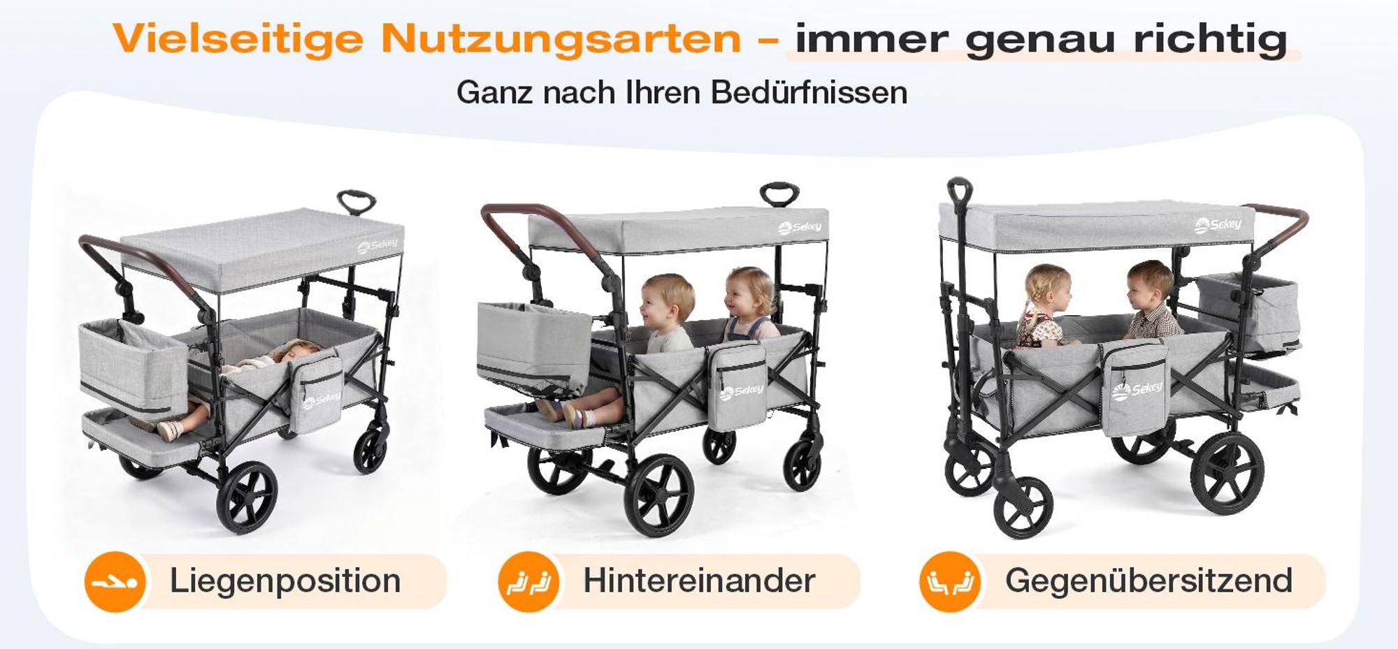 Sekey Bollerwagen Faltbar mit Dach Kinder Bollerwagen mit XXL-Rädern (24/20 cm), mit Zieh-/Schiebegriff, mit schwarz-weißer Paspelierung, Grau
