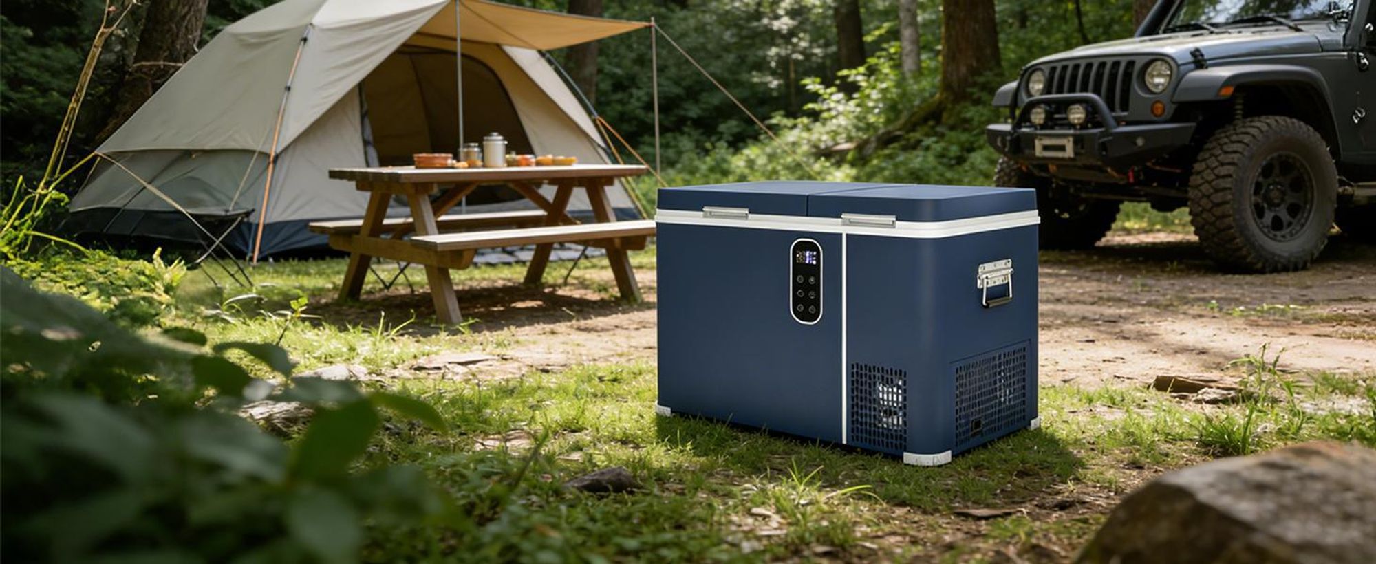 Puluomis 45L Kühlbox mit 2 Zonen & 2 Türen, Kompressor -20°C bis +20°C, 12/24V DC & 220-240V AC, MAX/ECO Modus, leise <45dB, für Camping & Wohnmobil