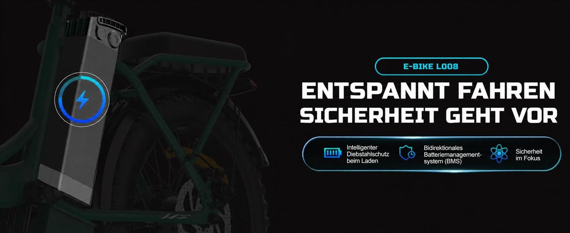 Runetic Ebike, Foldable e-bikes, 250W Motor, 36V 13Ah herausnehmbarer Akku, bis zu 80 km Reichweite, 25 km/h, 20" x 3,0" Breitreifen - Schwarz