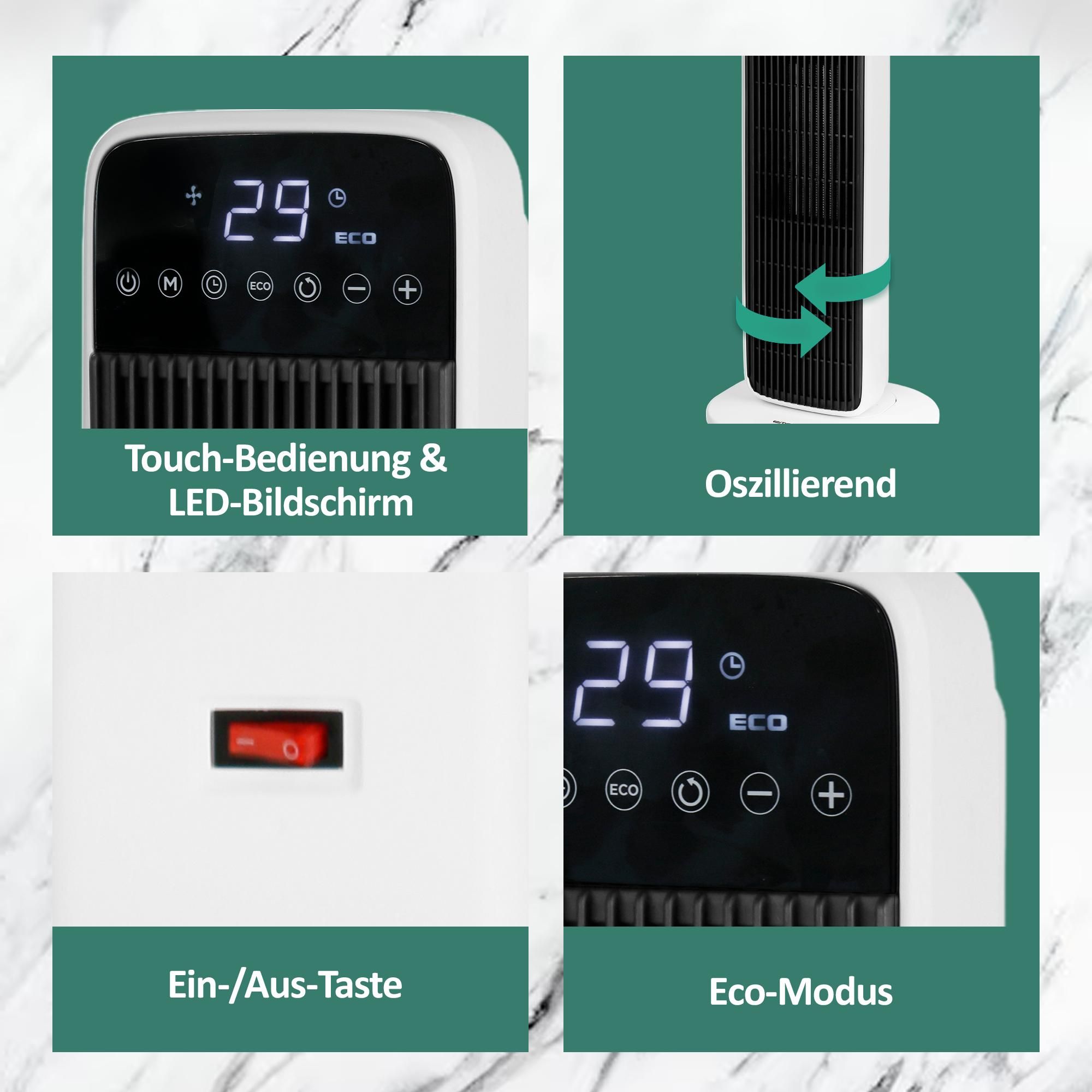 Emerio PTC-Heizlüfter FH-132333 - 15 m² - 2 Heizstufen - Einstellbares Thermostat - Oszillierend - Touch - Timer - Fernbedienung - Schwarz/Weiß