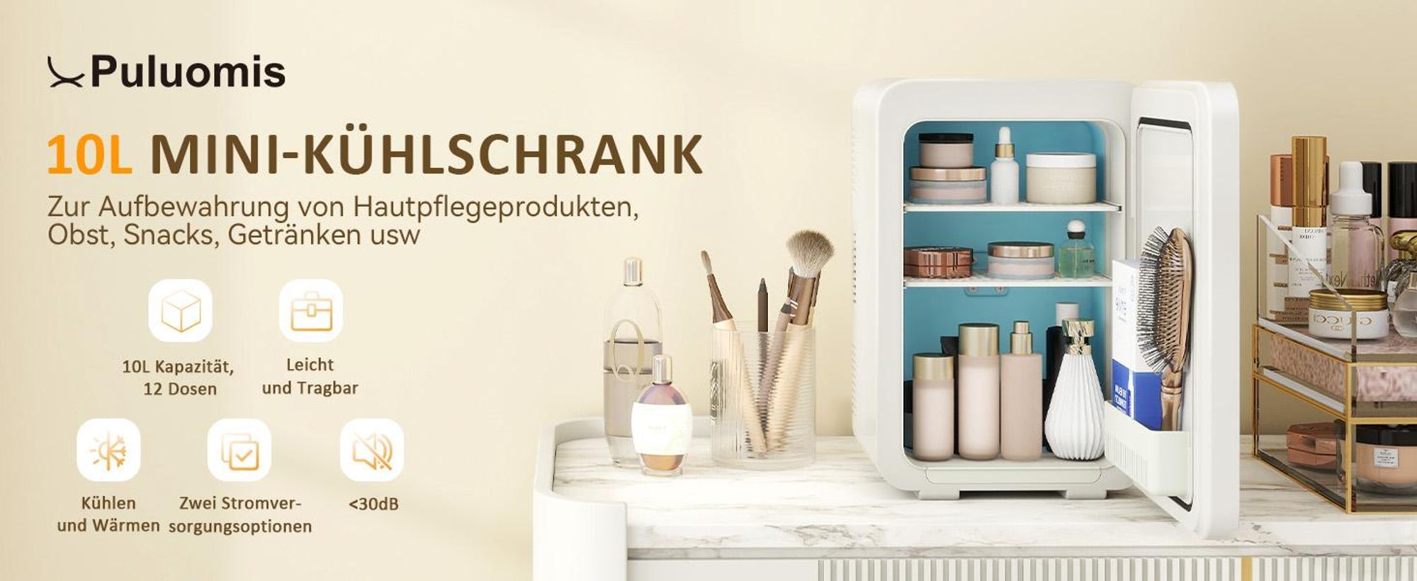 Puluomis Mini Kühlschrank 10L, 2 in 1 Warm- und Kühlbox tragbar Ultra-Leiser Auto Kühlbox (<30dB) 12V/220V /230V AC/DC für Getränkedosen, Snacks Beige